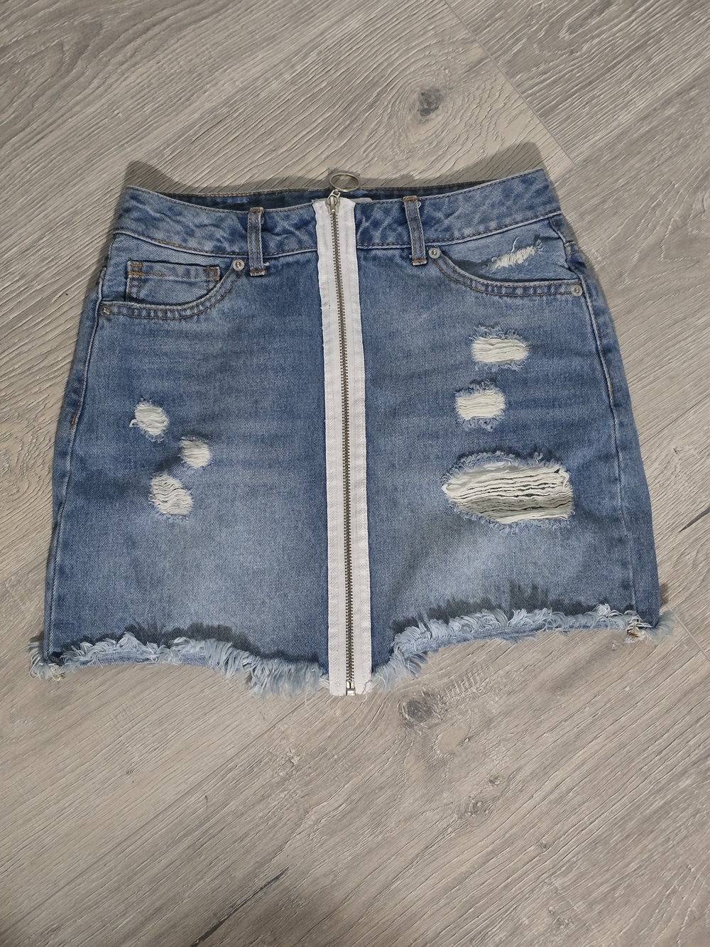Forever 21 Light Blue Distressed Denim Mini Skirt with Front Zip